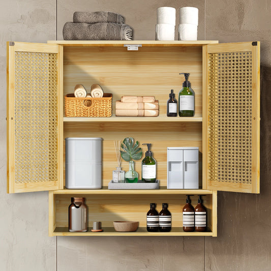 Stylish Bamboo Bathroom Wall Cabinet - Elegant Over-the-Toilet Storage with 3 Shelves and Double Doors for Kitchen and Bathroom Essentials