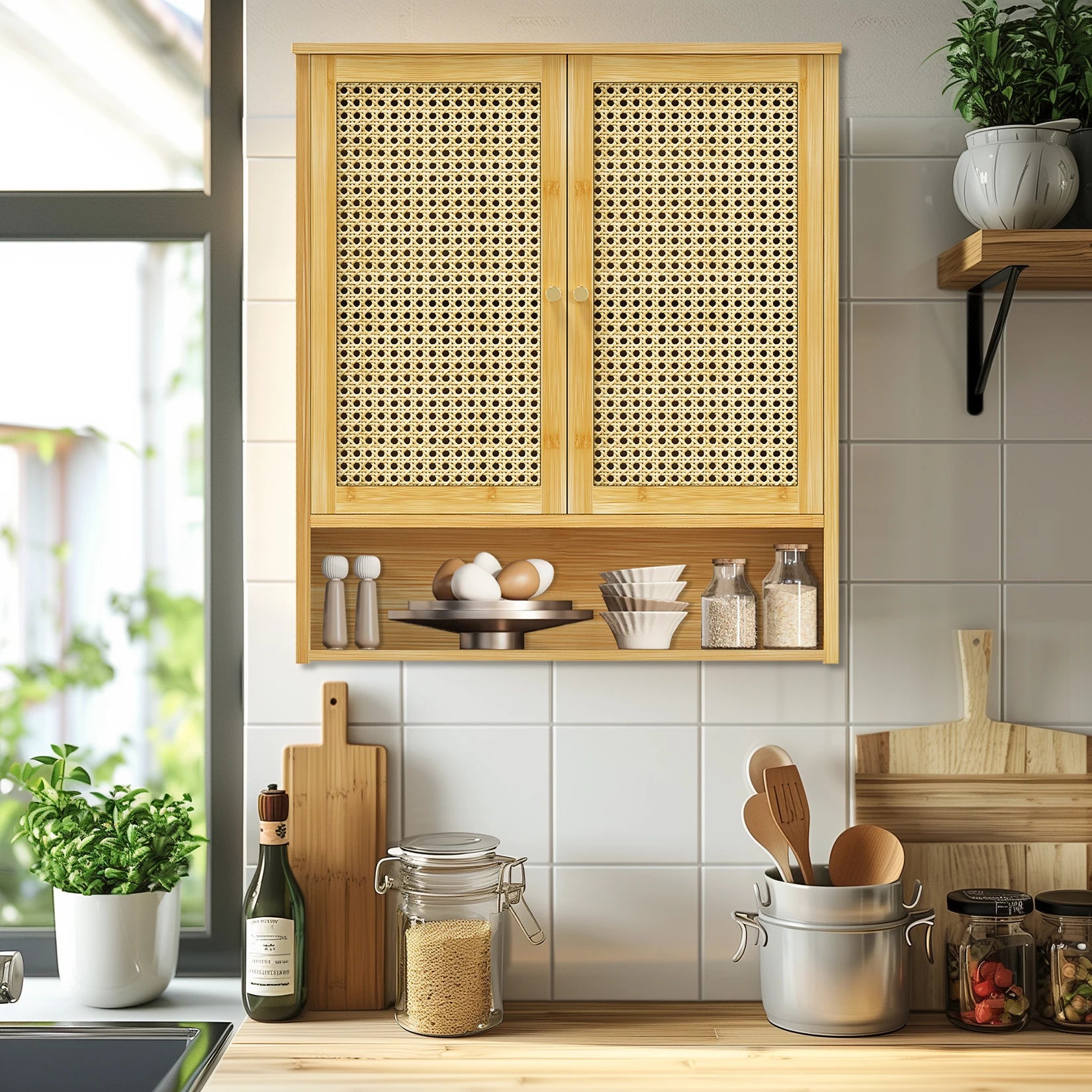 Stylish Bamboo Bathroom Wall Cabinet - Elegant Over-the-Toilet Storage with 3 Shelves and Double Doors for Kitchen and Bathroom Essentials