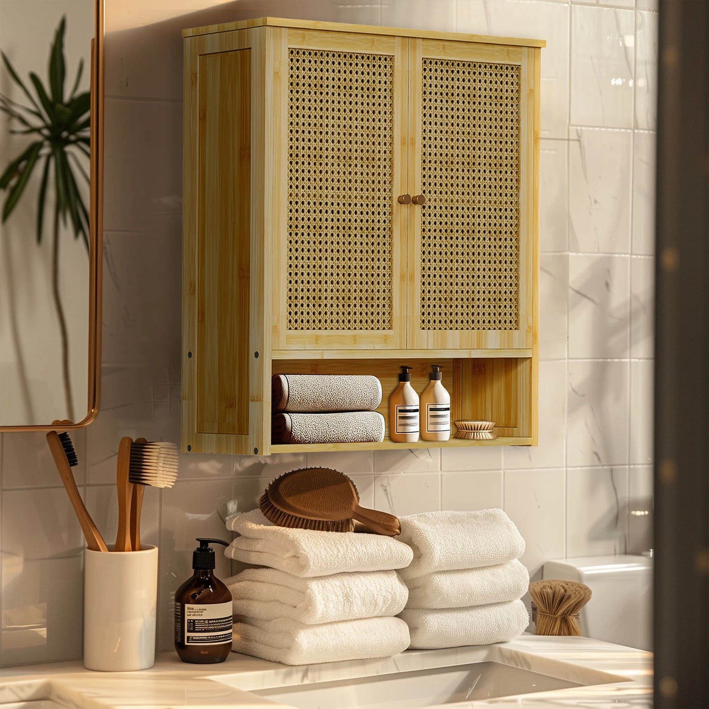 Stylish Bamboo Bathroom Wall Cabinet - Elegant Over-the-Toilet Storage with 3 Shelves and Double Doors for Kitchen and Bathroom Essentials
