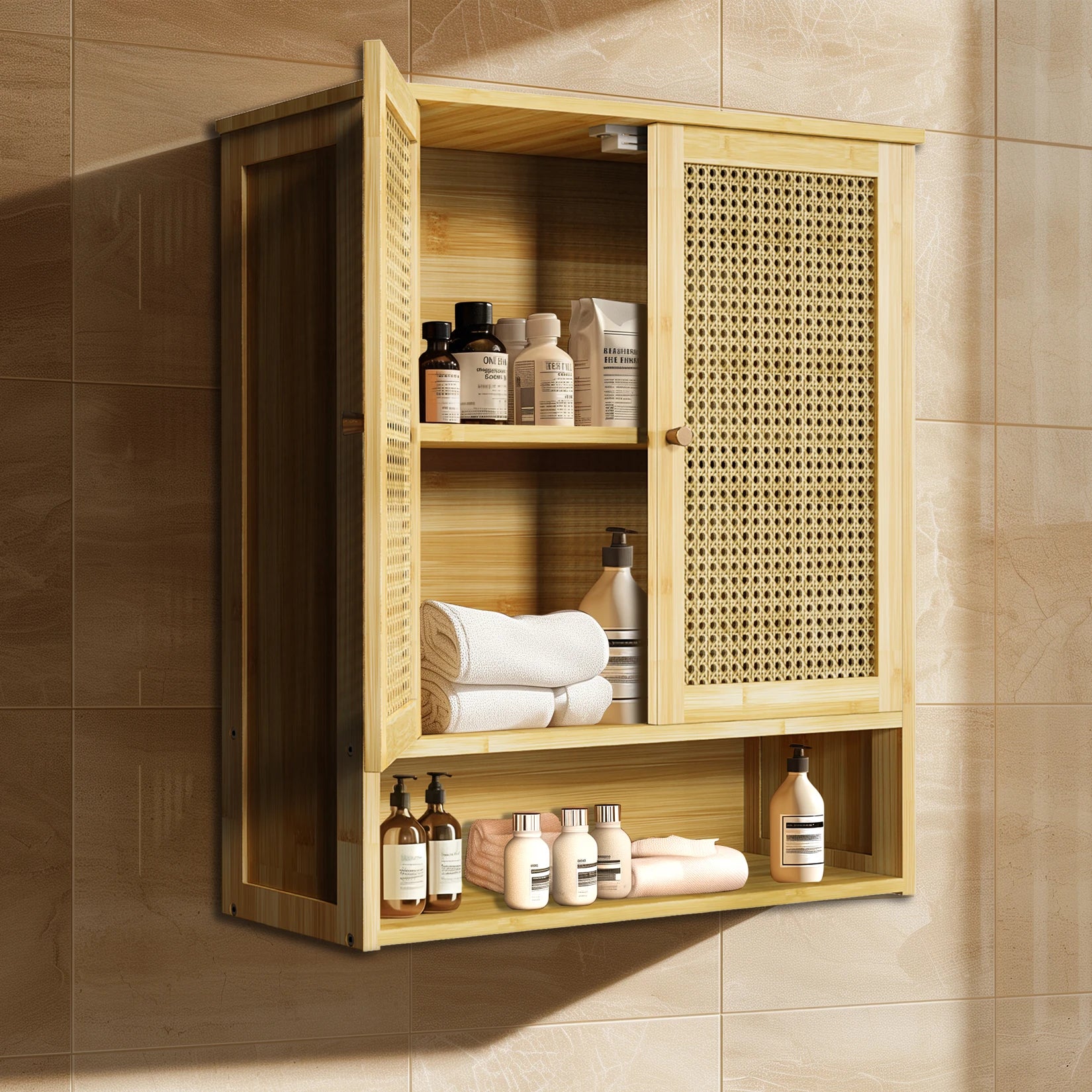 Stylish Bamboo Bathroom Wall Cabinet - Elegant Over-the-Toilet Storage with 3 Shelves and Double Doors for Kitchen and Bathroom Essentials