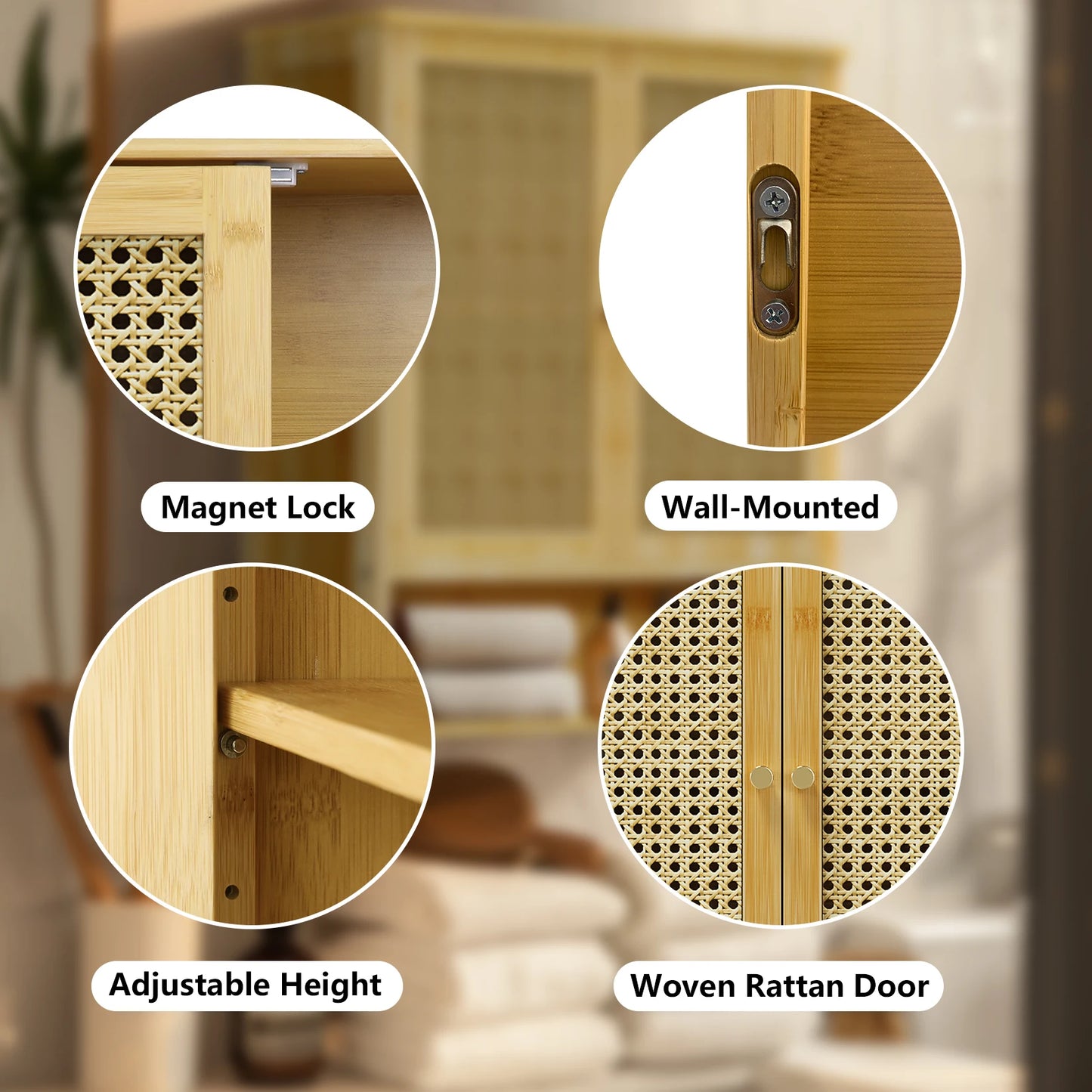 Stylish Bamboo Bathroom Wall Cabinet - Elegant Over-the-Toilet Storage with 3 Shelves and Double Doors for Kitchen and Bathroom Essentials