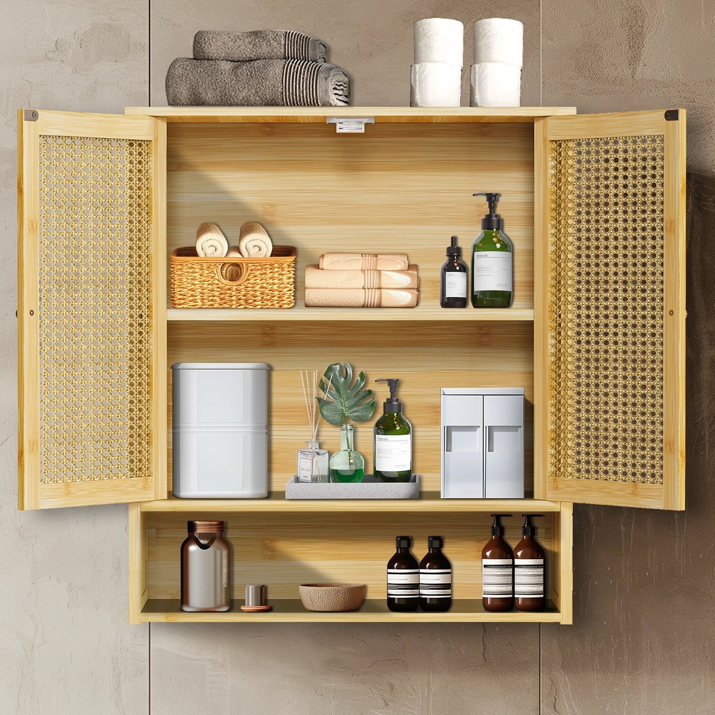 Stylish Bamboo Bathroom Wall Cabinet - Elegant Over-the-Toilet Storage with 3 Shelves and Double Doors for Kitchen and Bathroom Essentials
