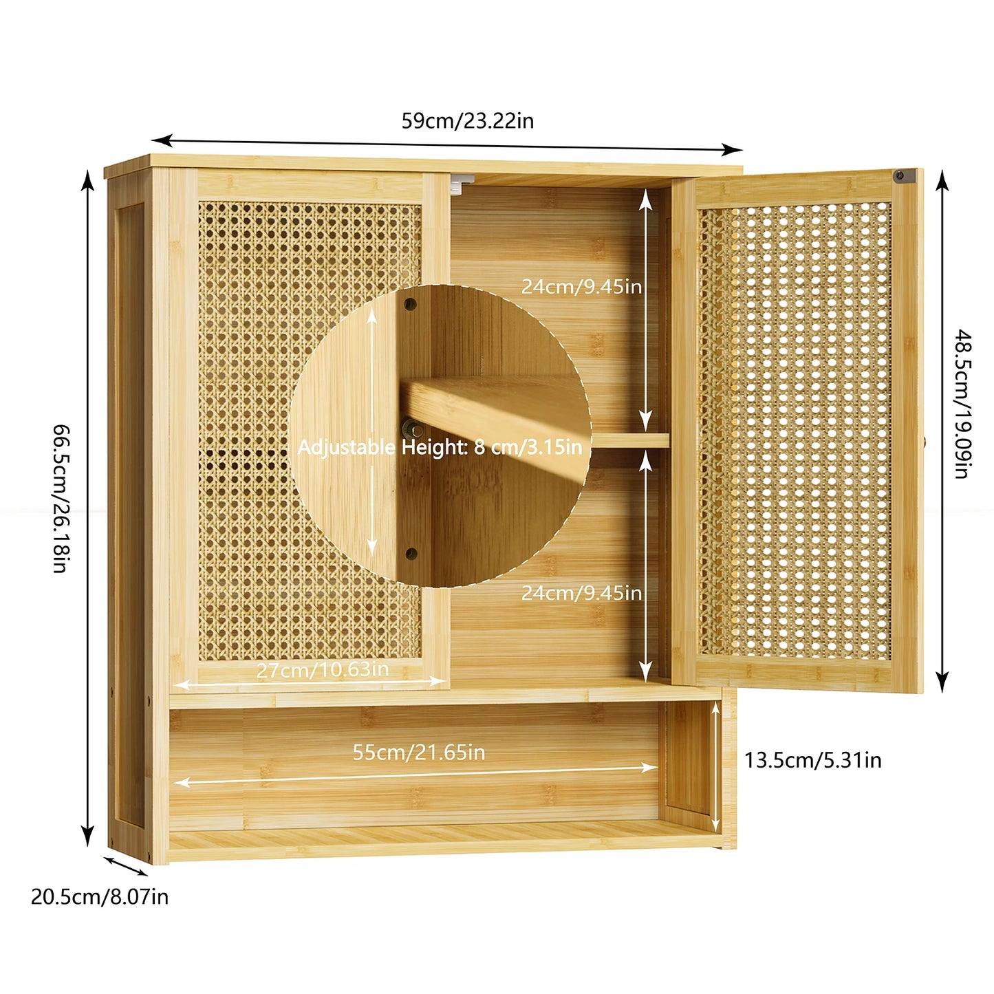 Stylish Bamboo Bathroom Wall Cabinet - Elegant Over-the-Toilet Storage with 3 Shelves and Double Doors for Kitchen and Bathroom Essentials